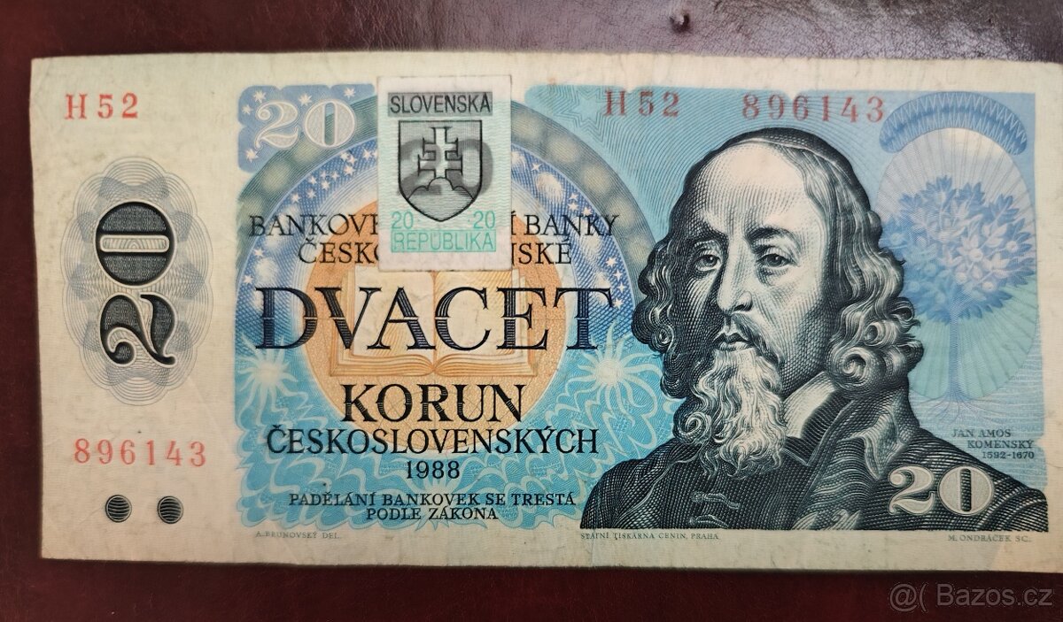 Bankovka 20 Kčs 1988 série H52, kolek Slovensko