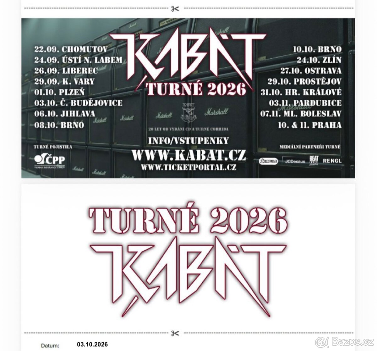 Kabát Budvar aréna 3.10. 2026 2 lístky na stání: 650