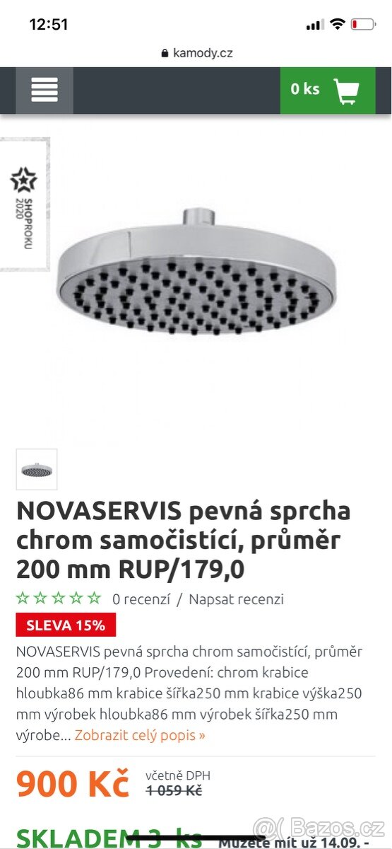 Nová pevná sprcha chrom samočistící, průměr 200 mm RUP/179,0