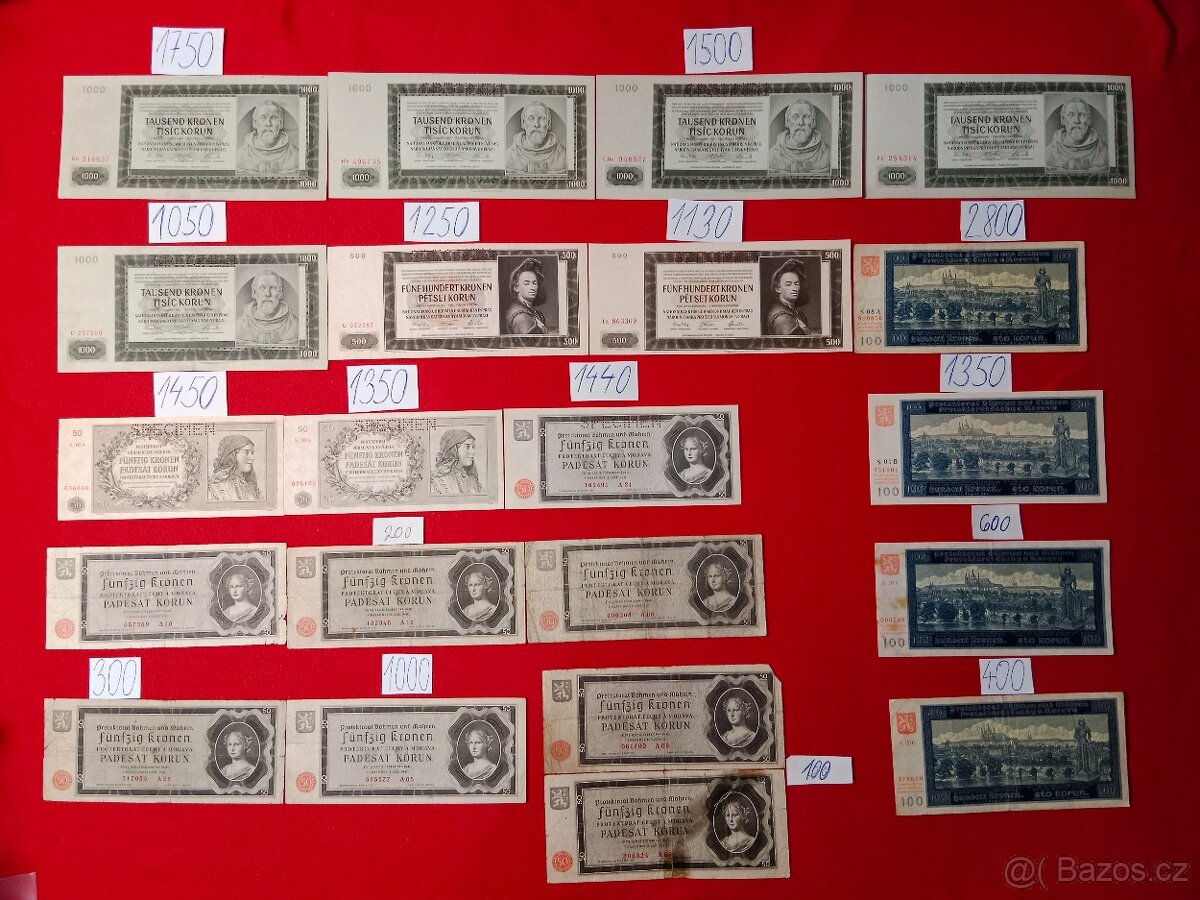 Protektorát Čechy a Morava druhá část ceny u každé bankovky