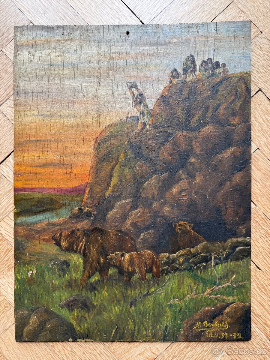 Obraz H. Berbalk 1939, pravěký lovecký výjev