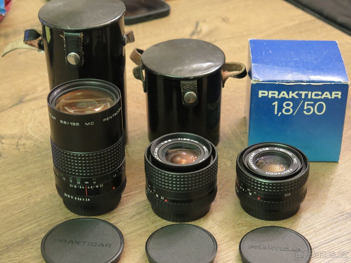 Pentacon Prakticar 28 mm + 50 mm + 135 mm pro Prakticu B