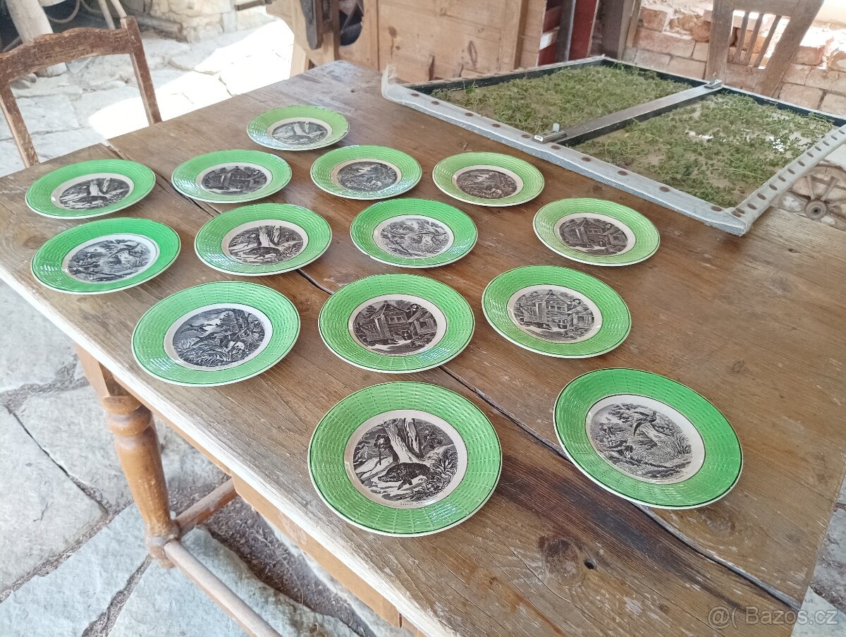 STAROŽITNÉ SARREGUEMINES DEZERTNÍ TALÍŘE 19.STOL. MYSLIVECKÉ