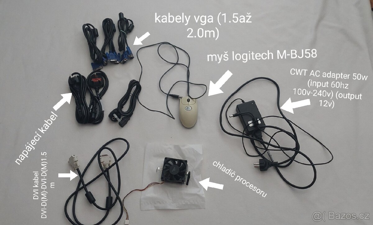Různé kabely,chladič procesoru, myš, nabíječka notebooku