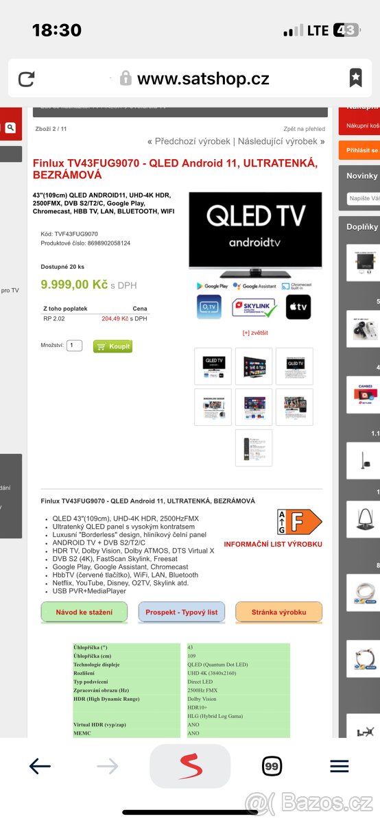 Prodám Finlux TV43FUG9070 - QLED Android 11, ULTRATENKA, BEZ