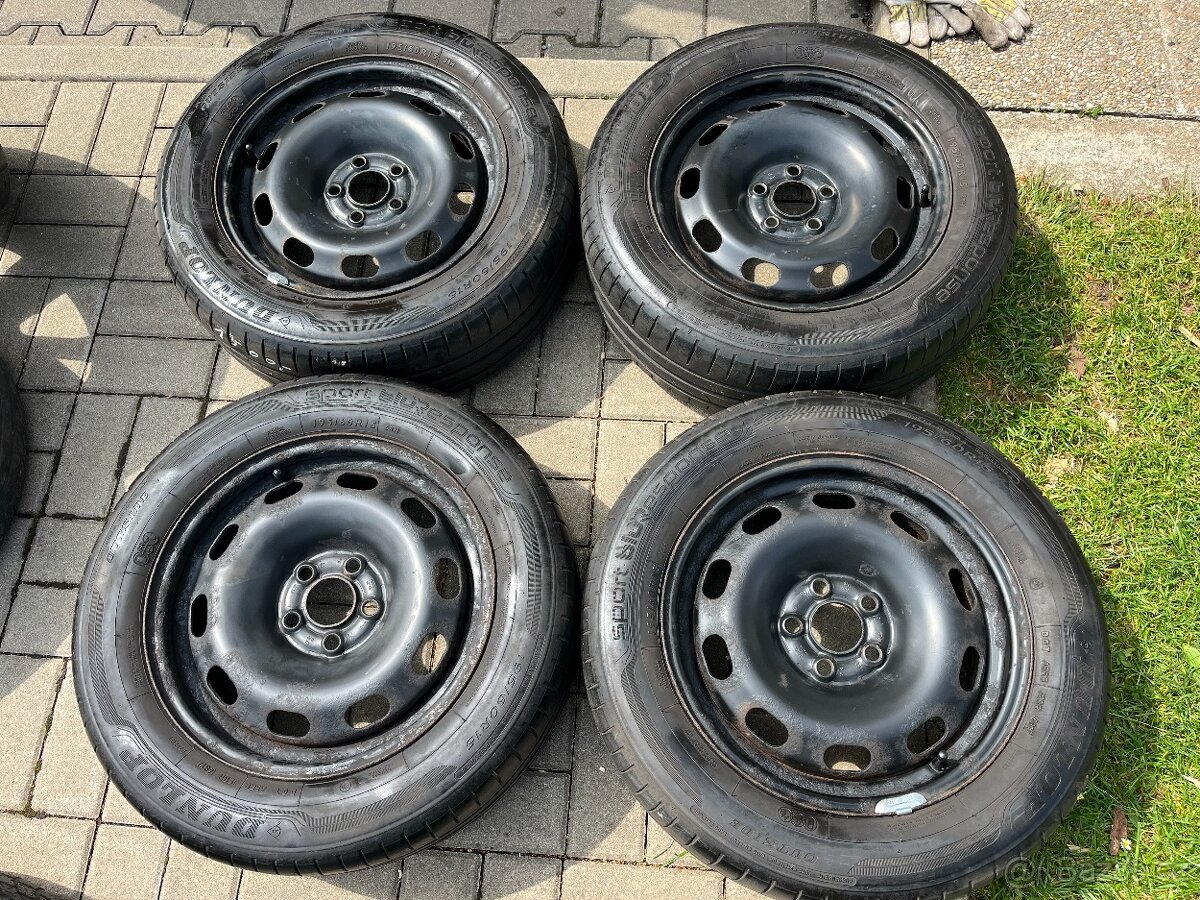 4x plechové disky 5x100 R15, letní pneu 50%