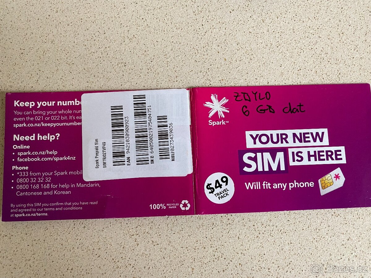 Novozélandská předplacená datová SIM karta 6GB