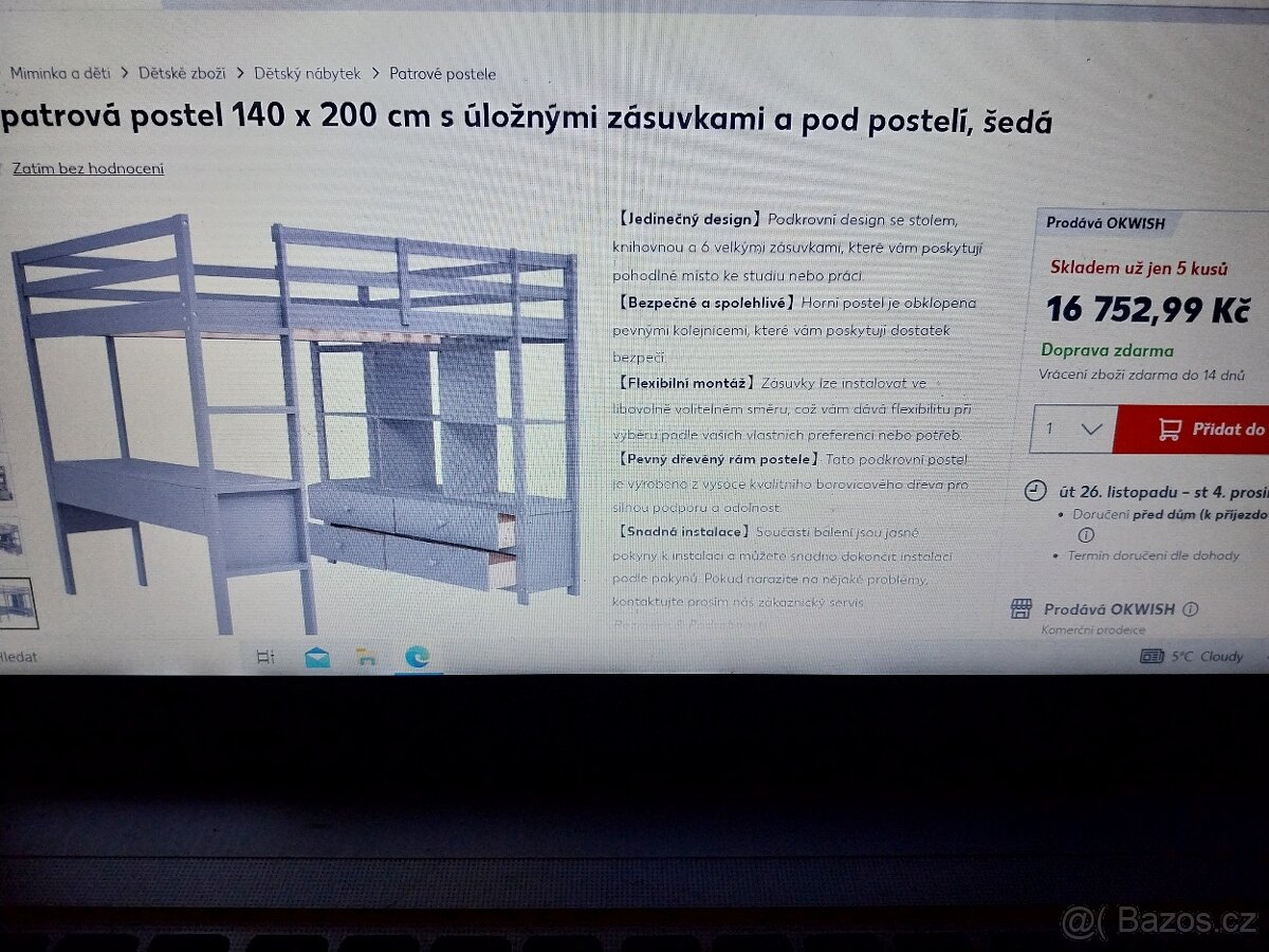 Prodám novou krasnou patrovou postel - šedá