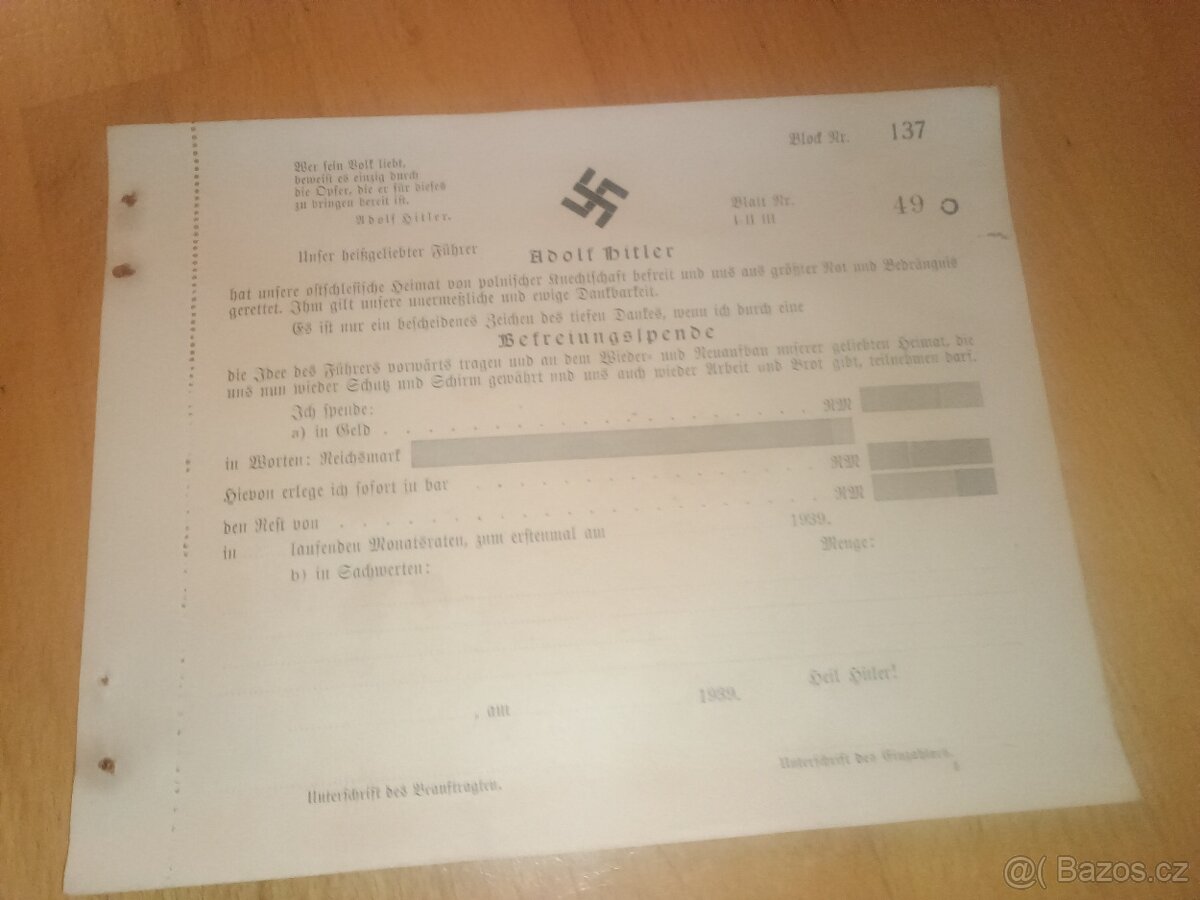 Dokument německý šek původní ww2