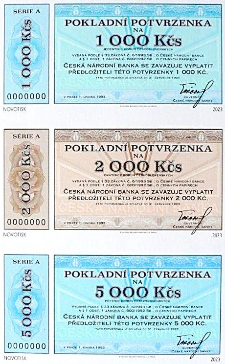 Pokladní potvrzenky 1000, 2000 a 5000 Kčs 1993 ofc. novotisk