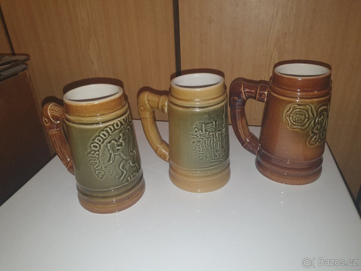 Pulitr, korbel keramika Bechyně 3ks. Kozel Prazdroj Hluboká