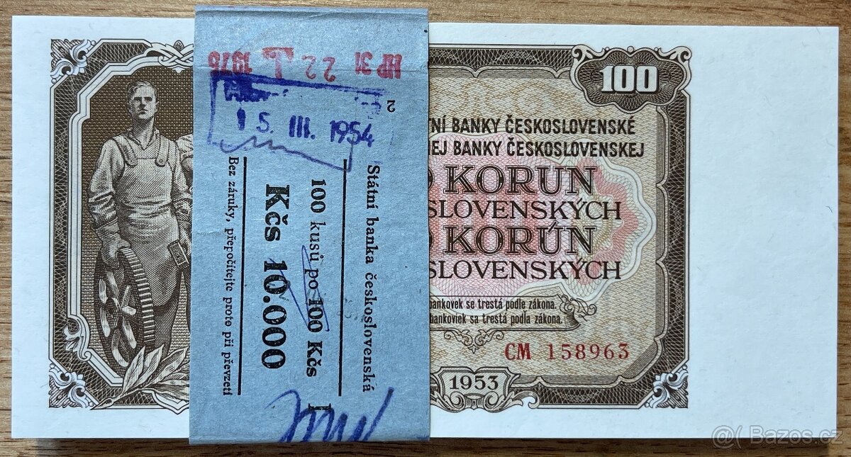 RARITNÍ BALÍČEK 100 Kčs 1953 s bankovní páskou UNC