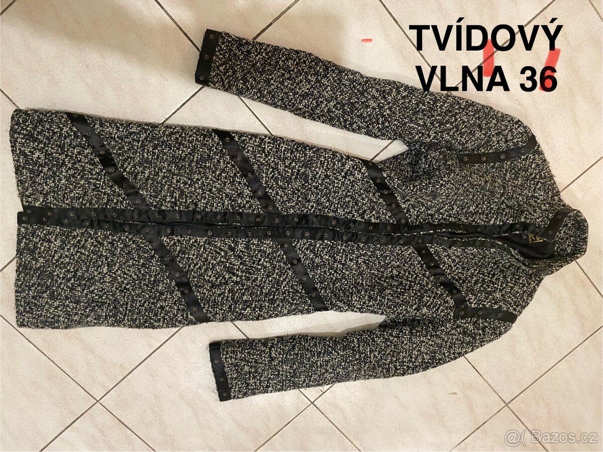 Tvidovy kabat sedo cerny zimni dlouhy damsky 38