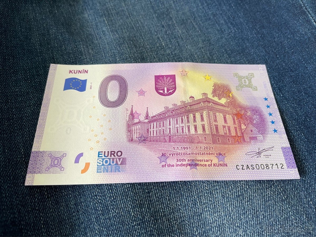 0 eurosouvenir bankovka Kunín - výroční přítisk