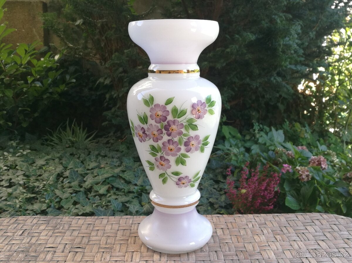 VÁZA skleněná - ručně malovaný dekor květin