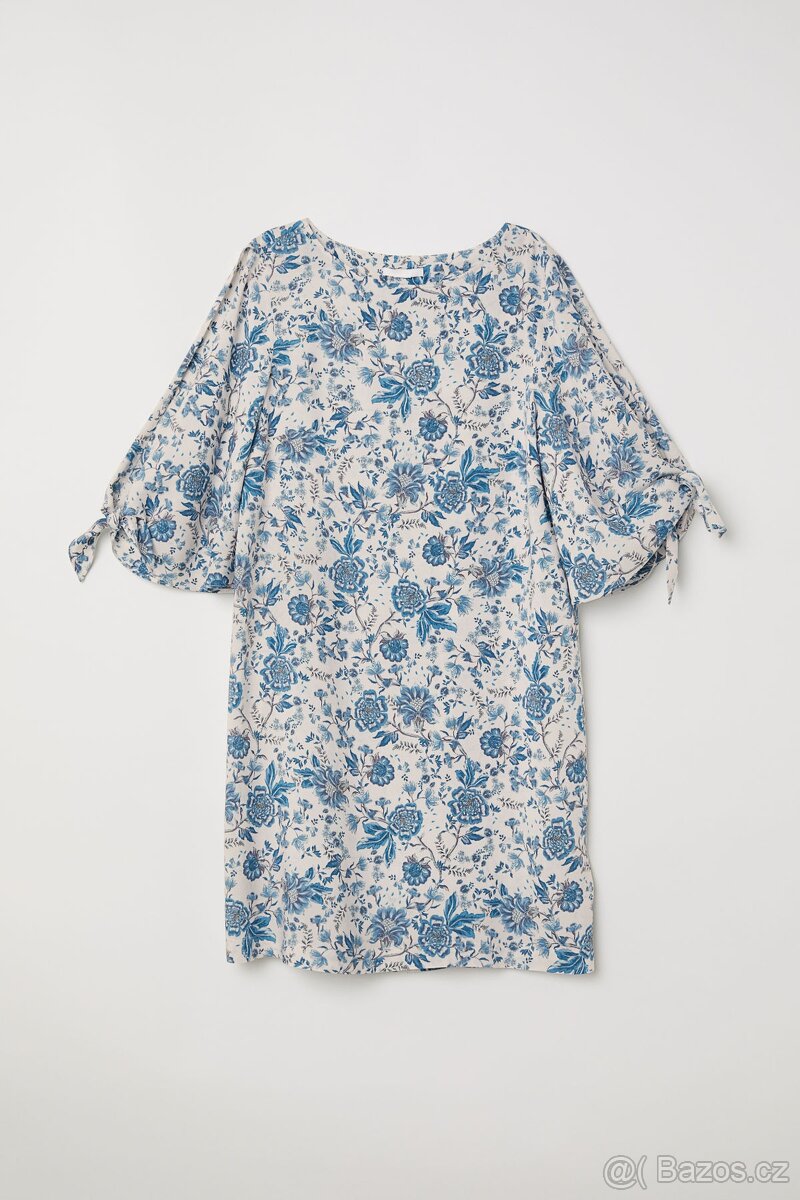 H&M Tie-sleeved Dress modro-béžové šaty, vel. 34
