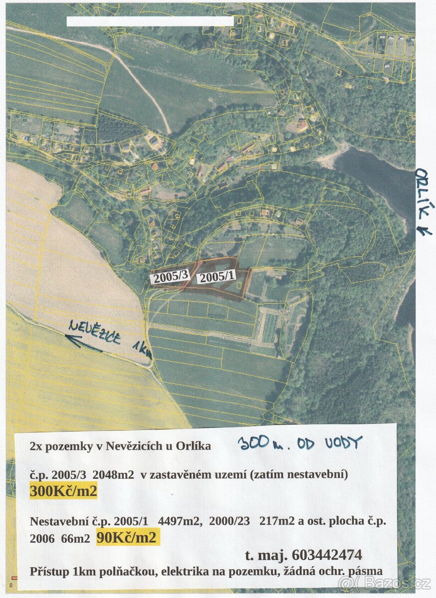 2x pozemek u Orlíka 300m od vody od 90Kč/m2