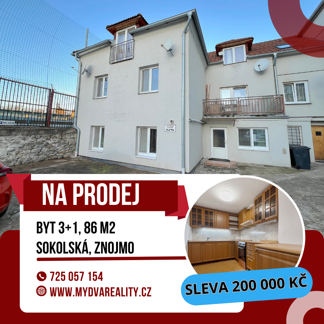 Prodej prostorného bytu 3+1, 86 m2 - Sokolská, Znojmo