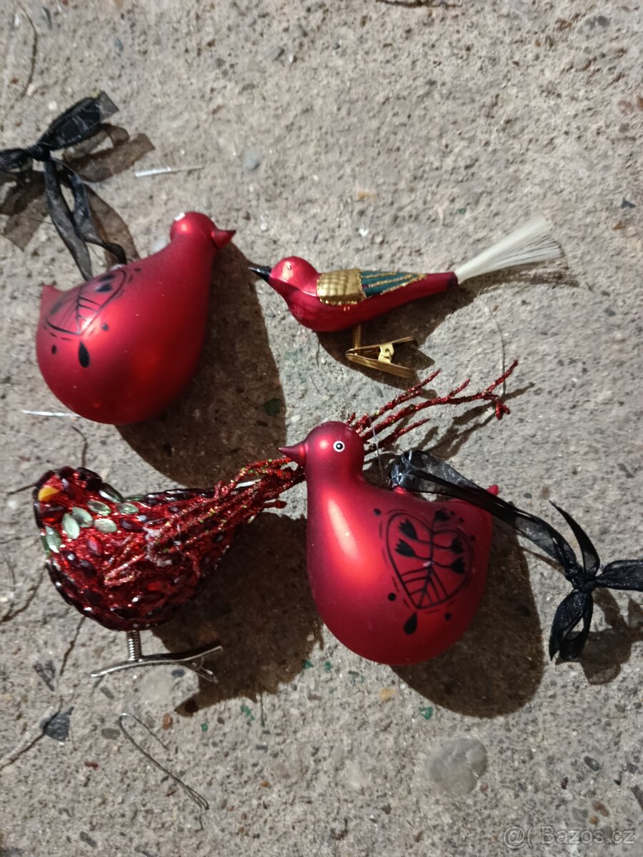 Sada 4 ks - Retro/Vintage Skleněné Vánoční Ozdoby Ptáčci