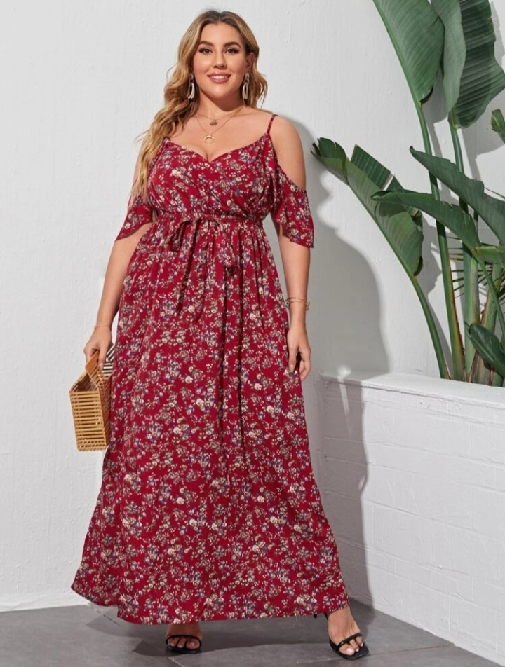 Shein vínové květinové dlouhé šaty s páskem - NOVÉ