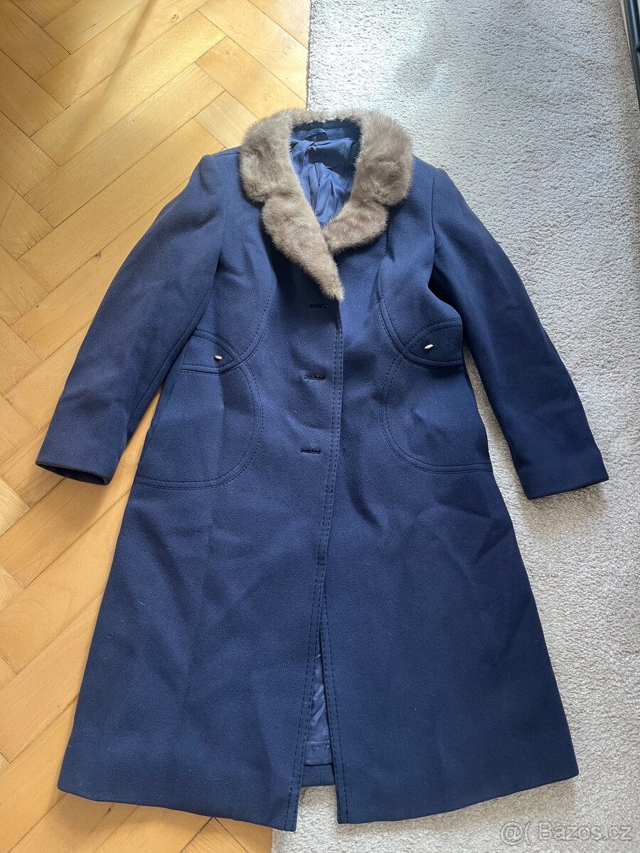 Vlněný vintage kabát s norkovou kožešinou M