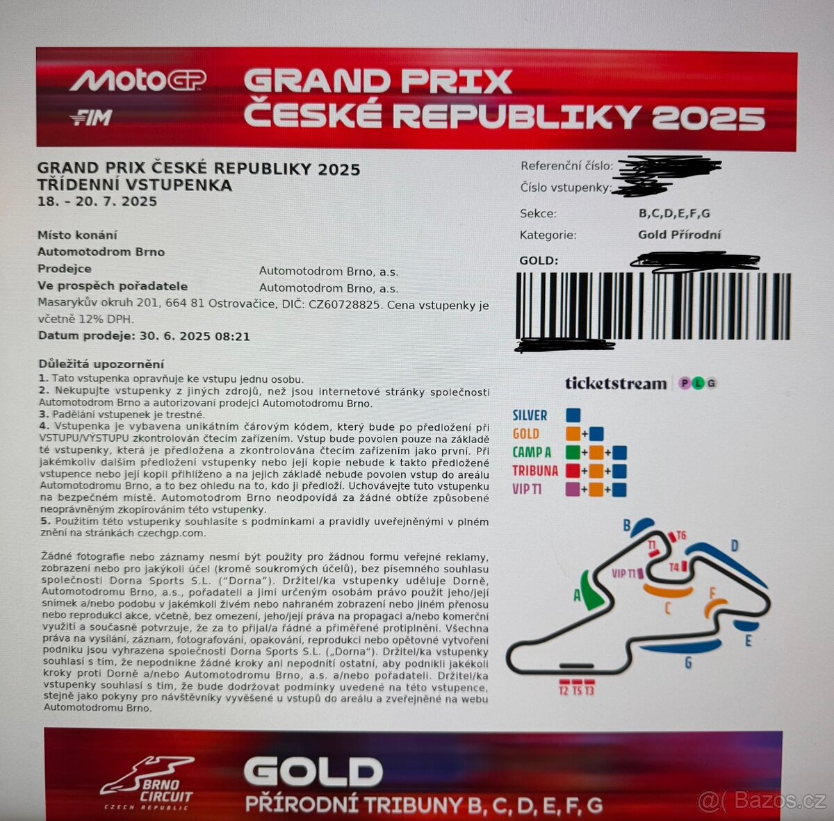 Prodám 2 vstupenky 3 denní na Moto GP v Brně 18. - 27. 7. 25