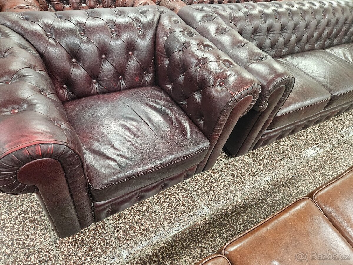CHESTERFIELD ŠTÝL KOŽENÁ 3+1+1,TMAVOBORDOVÁ,ZNÍŽENÁ CENA