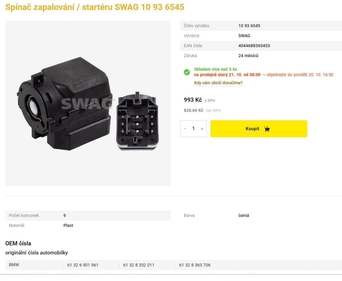 spínač startéru zapalování SWAG pro BMW