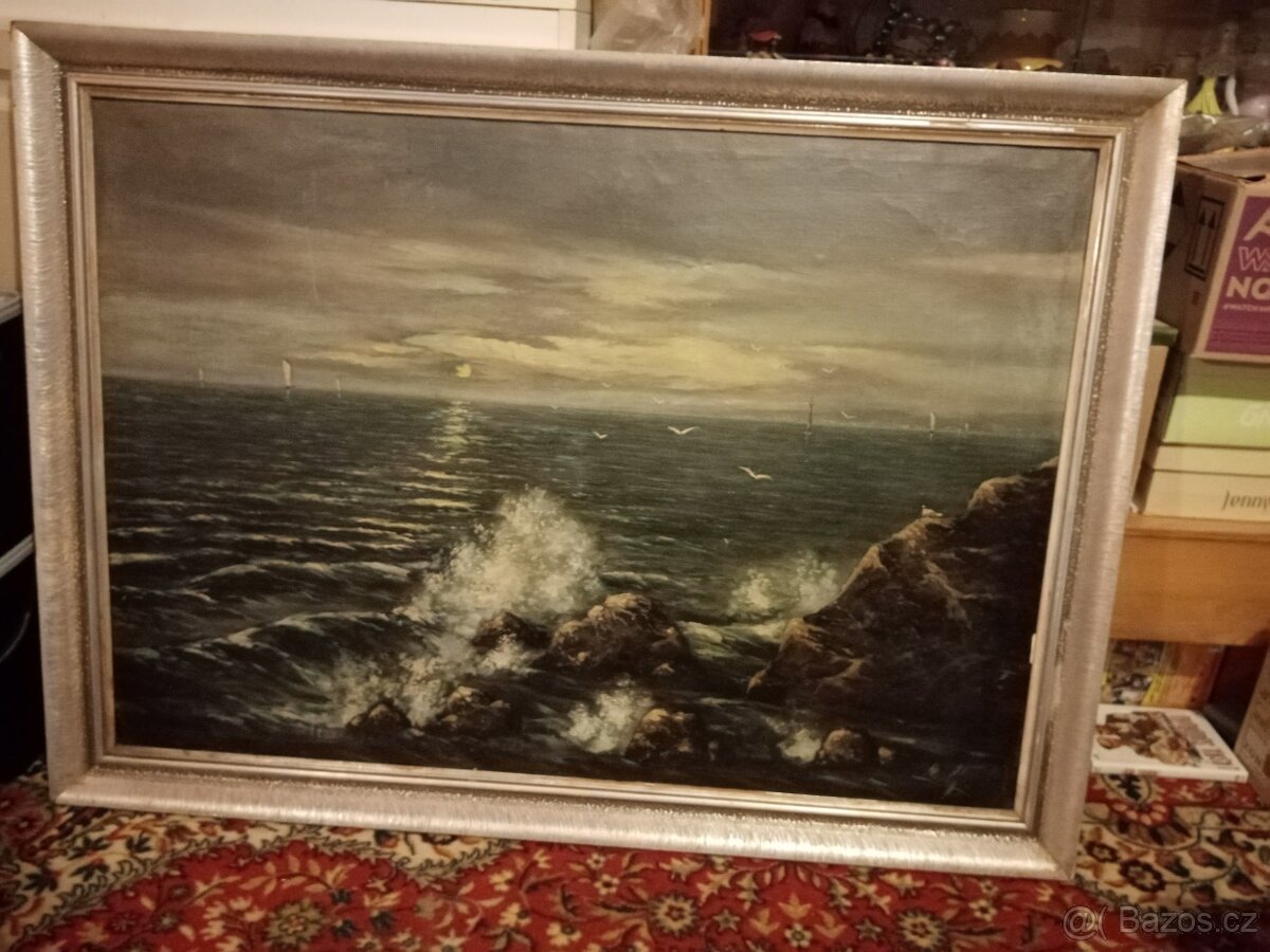 Mořské vlny bijící o skály s racky a loděmi 110 x 80 cm