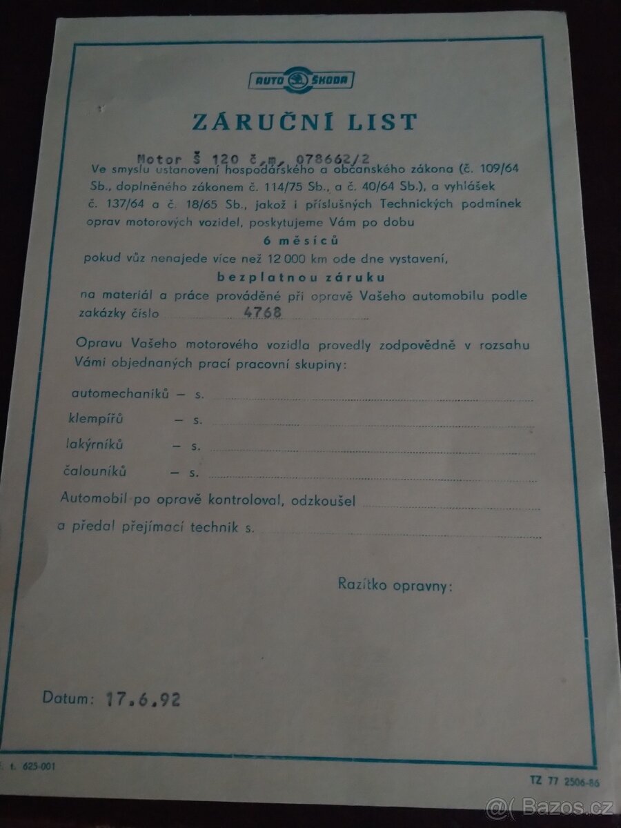 Záruční list Škoda 120