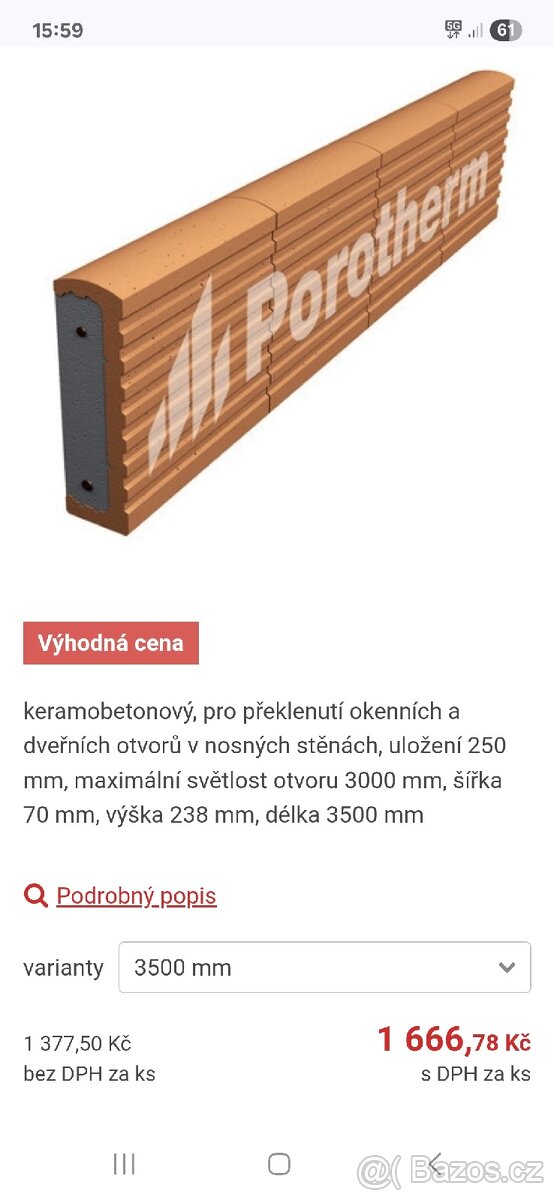 Překlady Porotherm PK7 350cm + 100cm