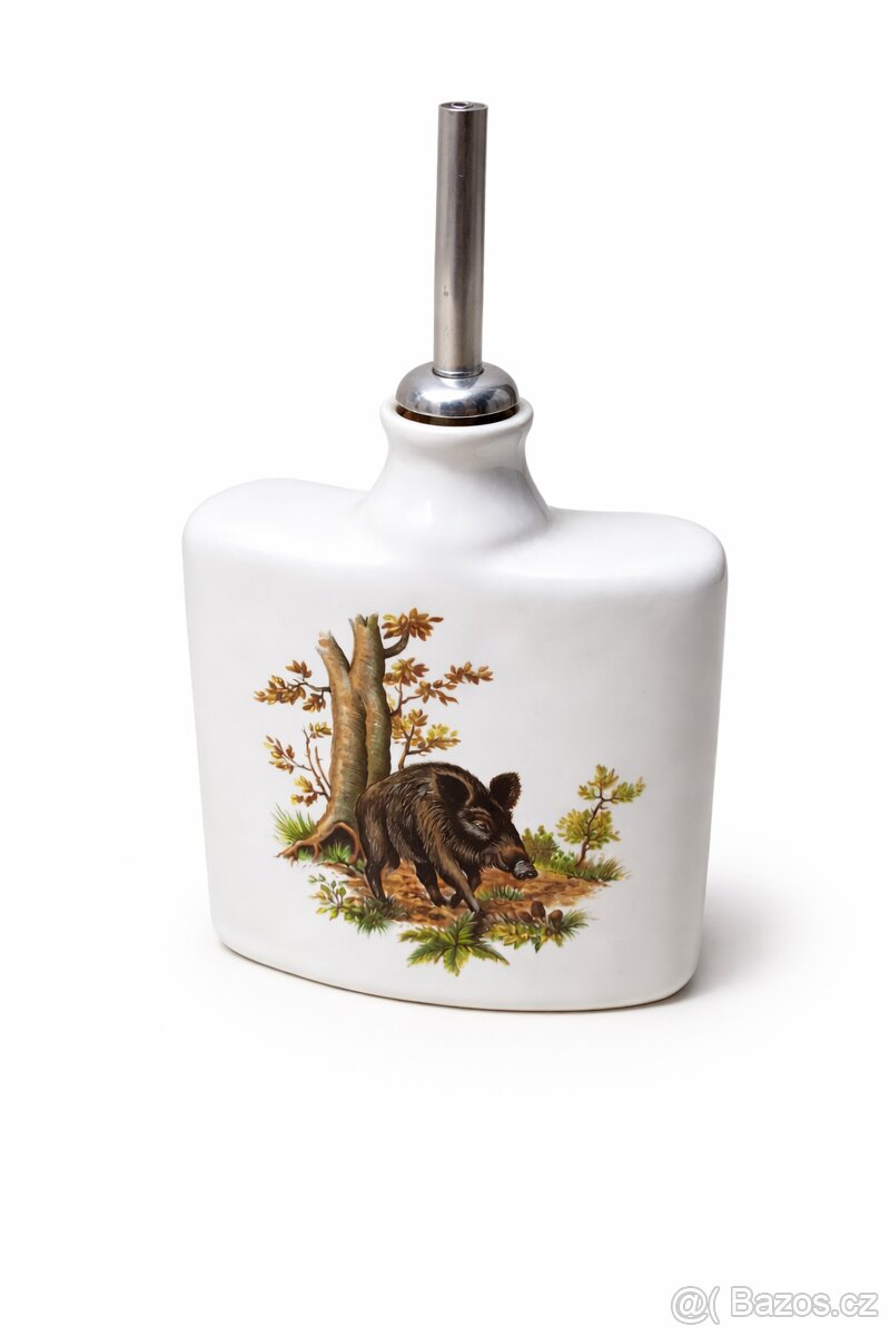Porcelánová placatka / karafa – myslivecký motiv (divoké pra