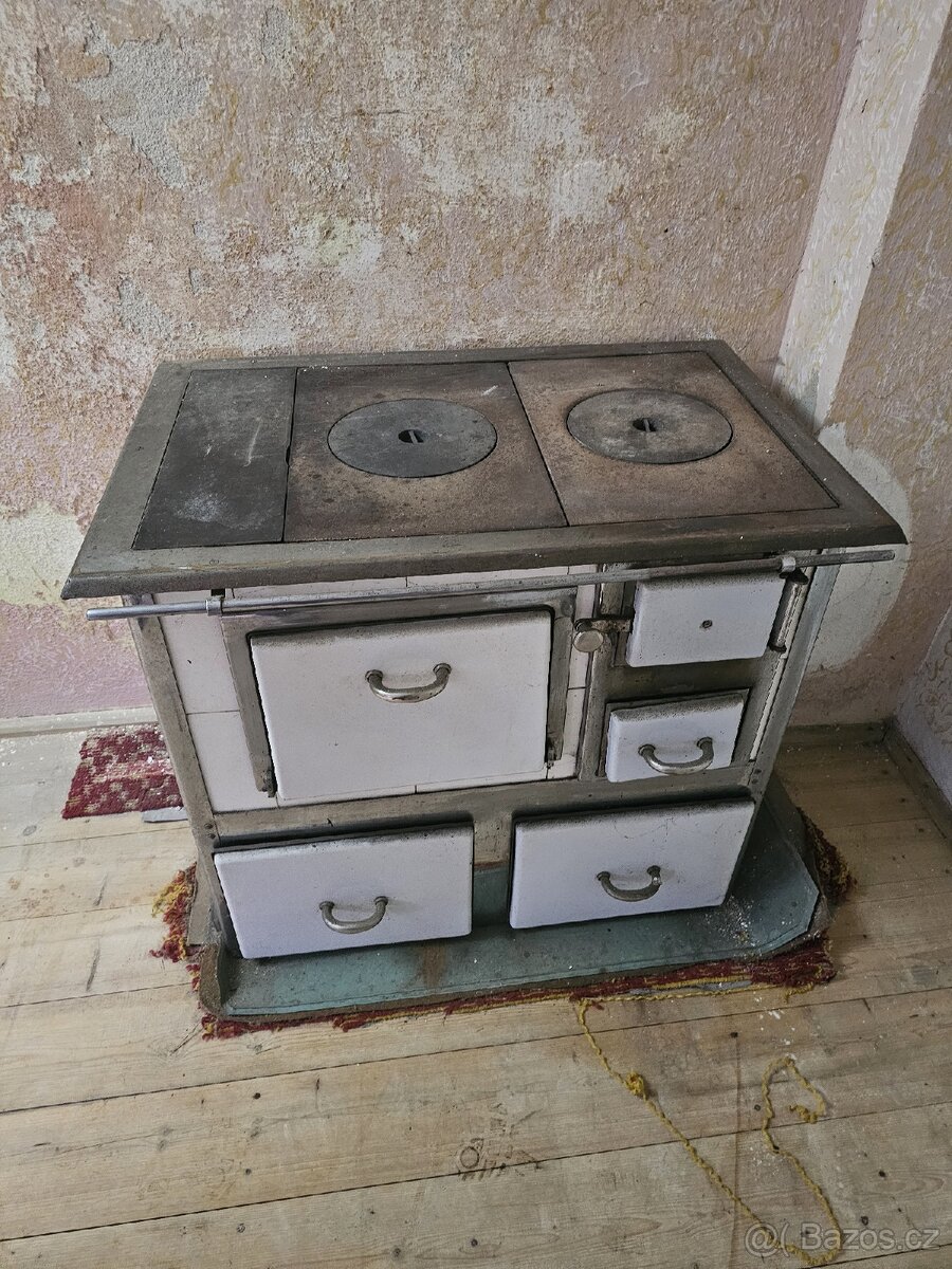 Kamna na dřevo s plotnami a troubou na pečení a vaření.