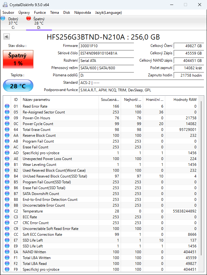 SSD disk do notebooku 2.5" sata 256GB SK Hynix HFS256G3BTND