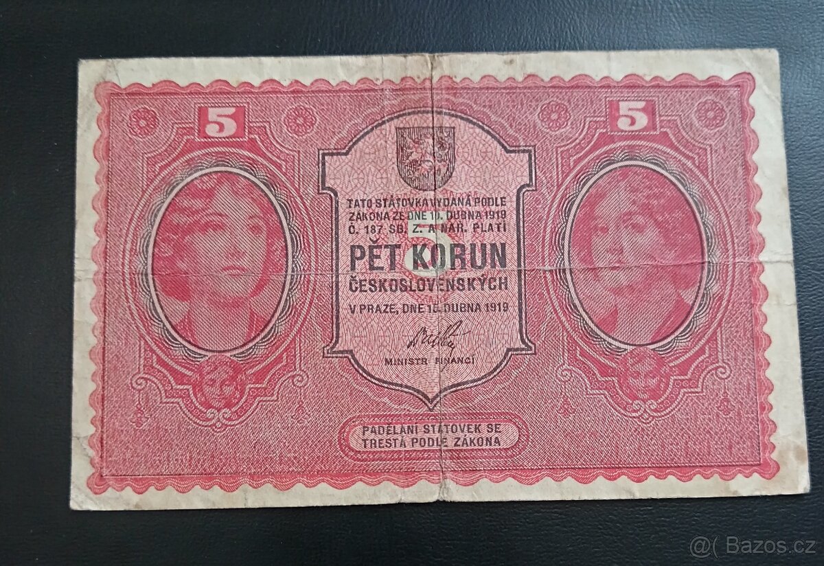 5 Kč 1919 Neperforovaná Vzácná bankovka