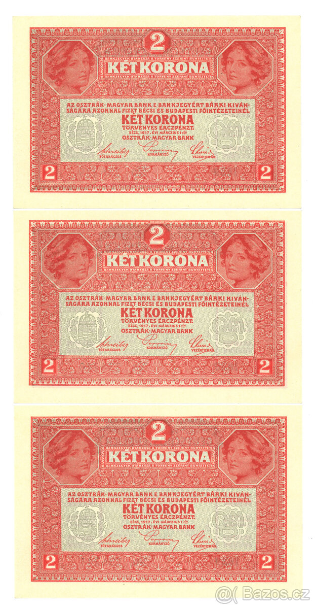 Rakouské bankovky 2 koruny 1917 v 3ks, UNC po sobě jdoucí čí