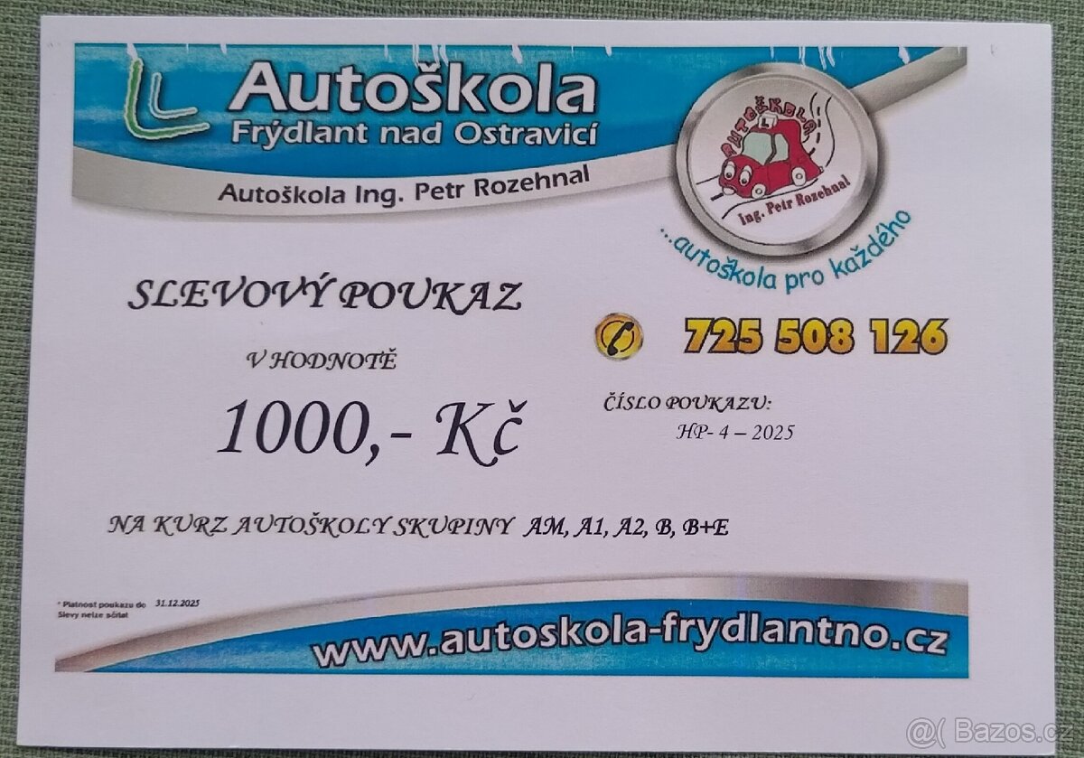 Slevový poukaz 1000 Kč na Autoškolu Frýdlant nad Ostravicí