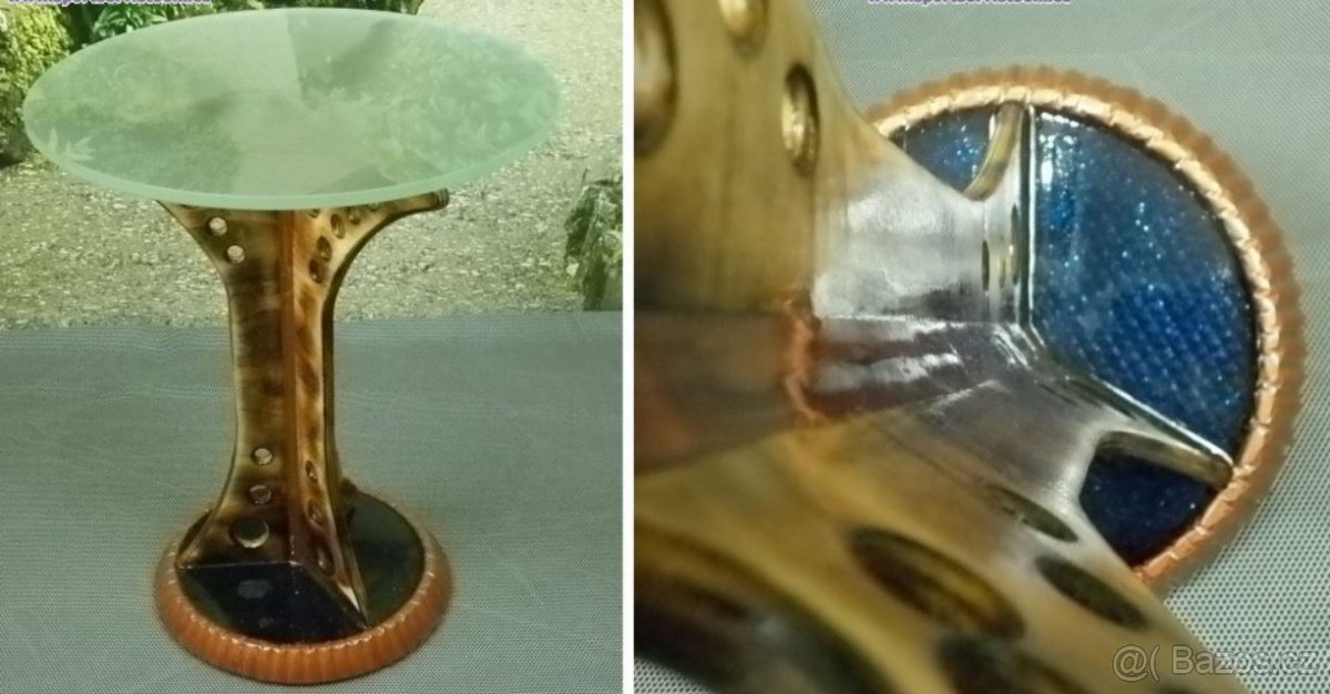 dřevo-sklo-epoxid podstavec TROJNOŽKA - zátka, sklo