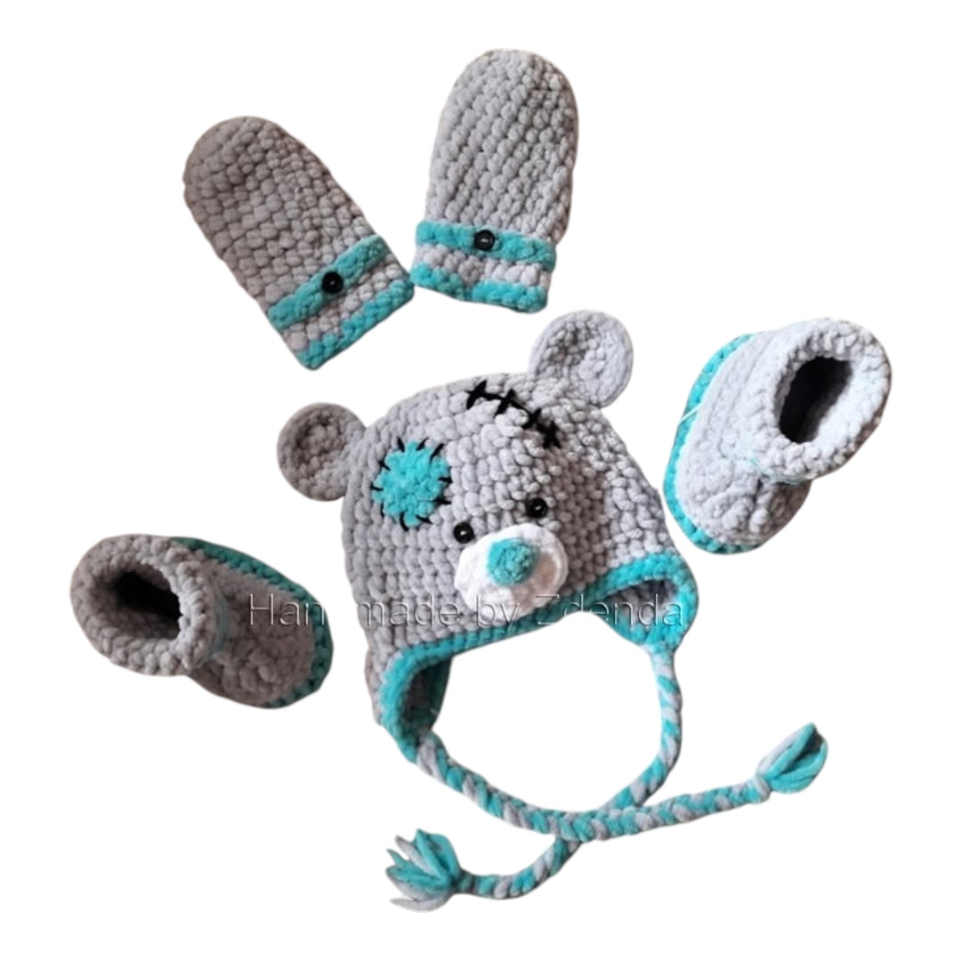 Medvídková čepice, botičky + rukavice