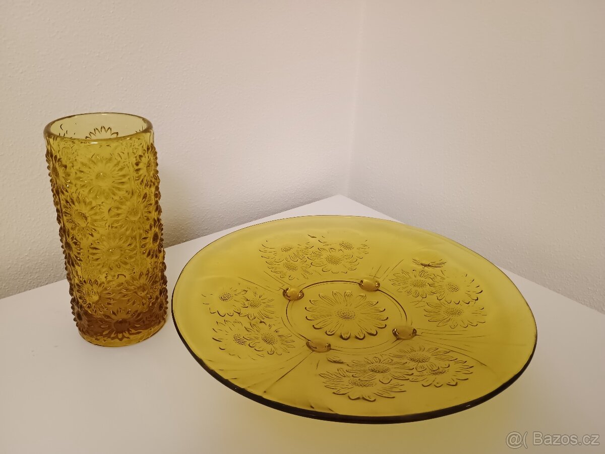 Váza medové sklo kopretiny + talíř