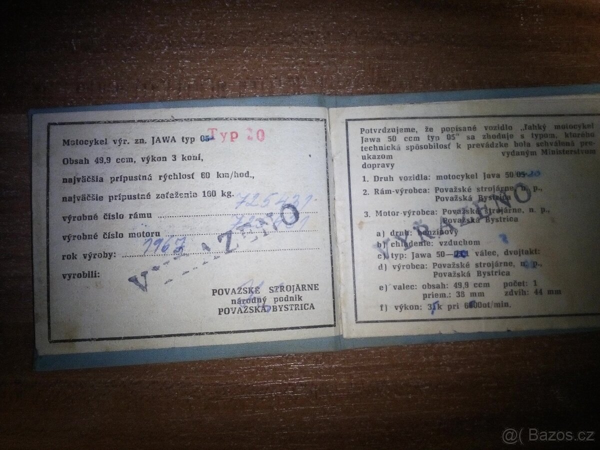 Jawa 20 r.v. 1967 technický průkaz-vyřazený, pro sběratele