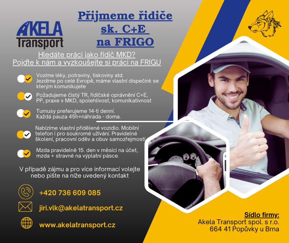 Hledáme Řidiče C+E pro Frigo Soupravu-možno i Tuzemsko