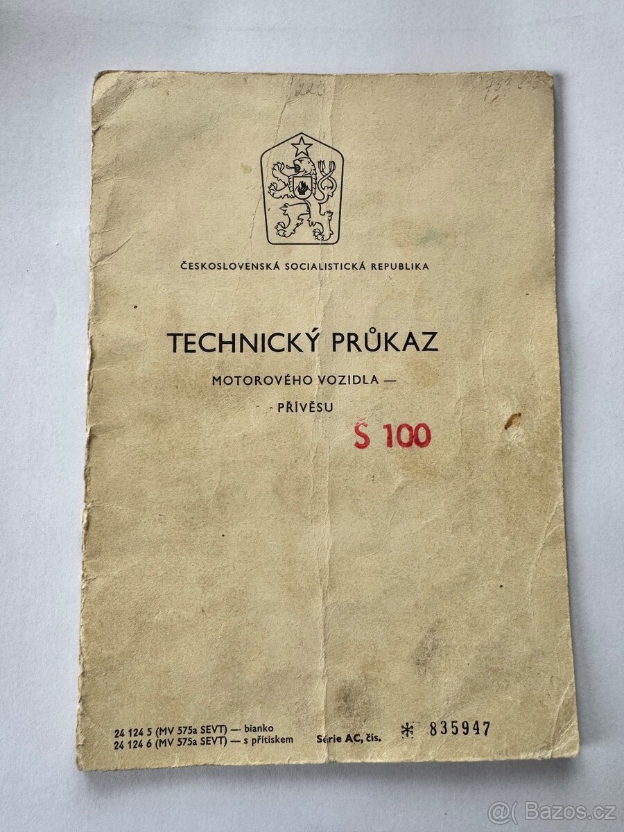Technický průkaz Škoda 100