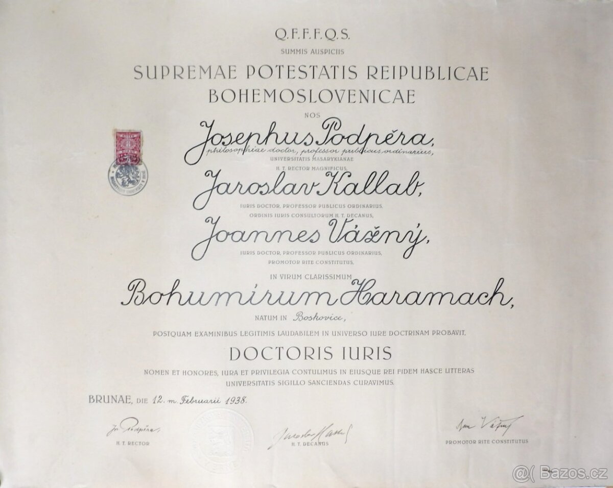 Diplom Doctoris Iuris - MÚ Brno - 1938