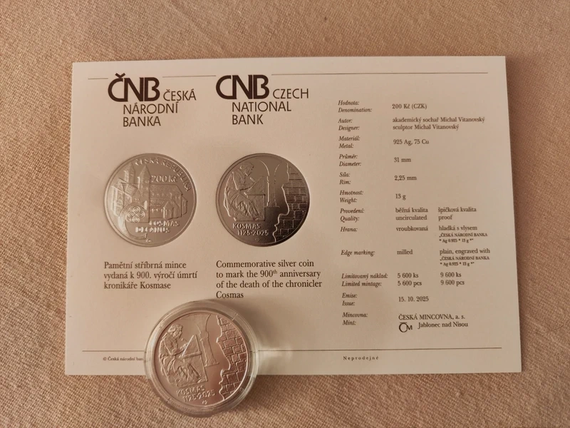 Stříbrná mince 200 Kč 2025 Kronikář Kosmas stand