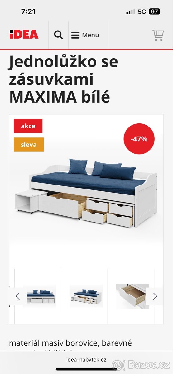 Jednolůžková postel se zásuvkami