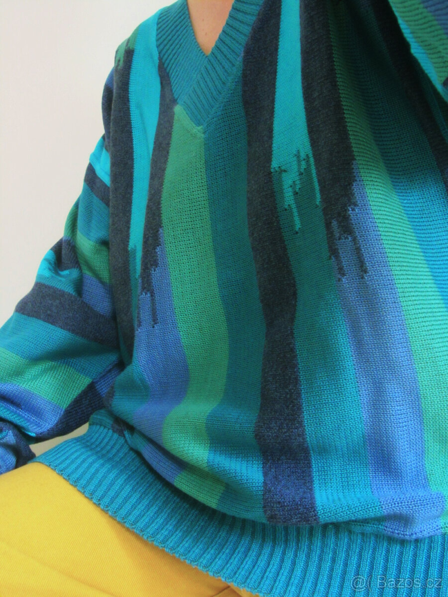 Vintage 80s pánský modrozelený svetr s visačkou