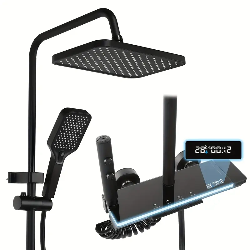 Luxusní Černý Sprchový Panel s Tělovým Rozprašovačem -