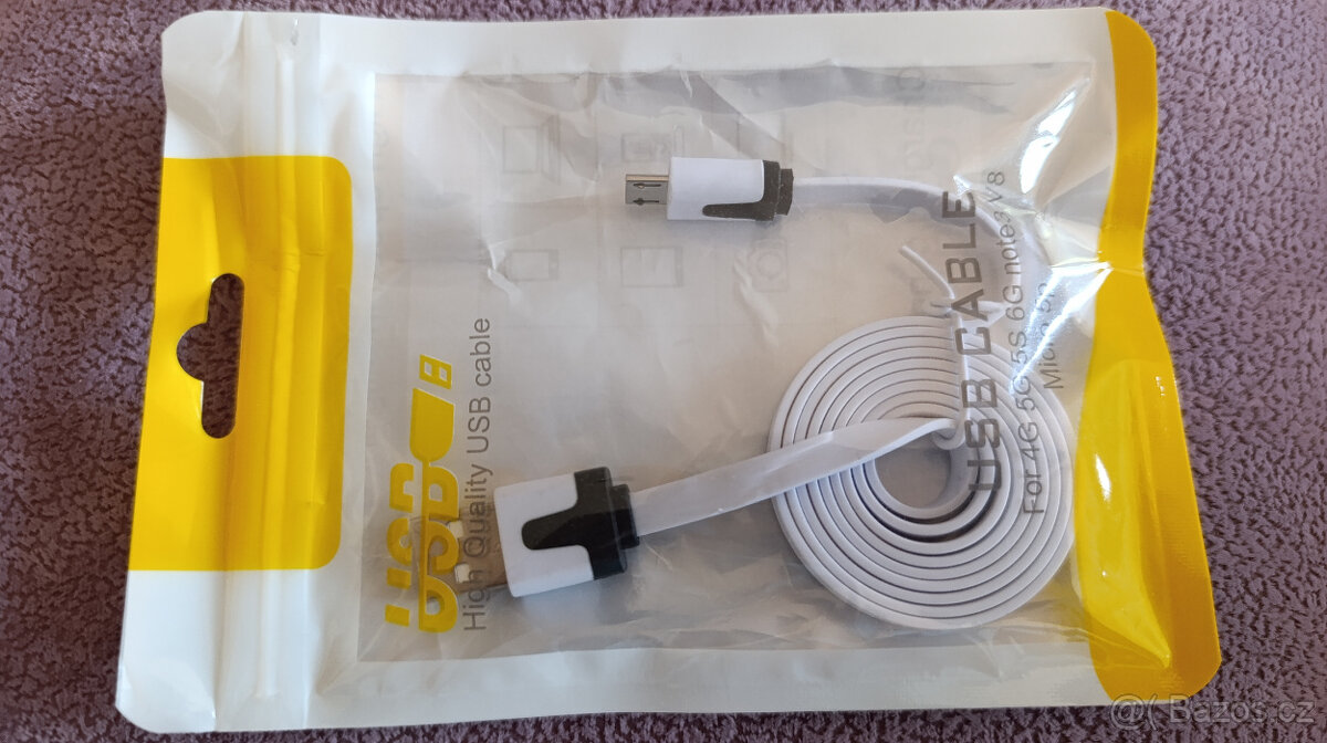 Kabel USB USB A M - microUSB M - 1m, bílý, plochý