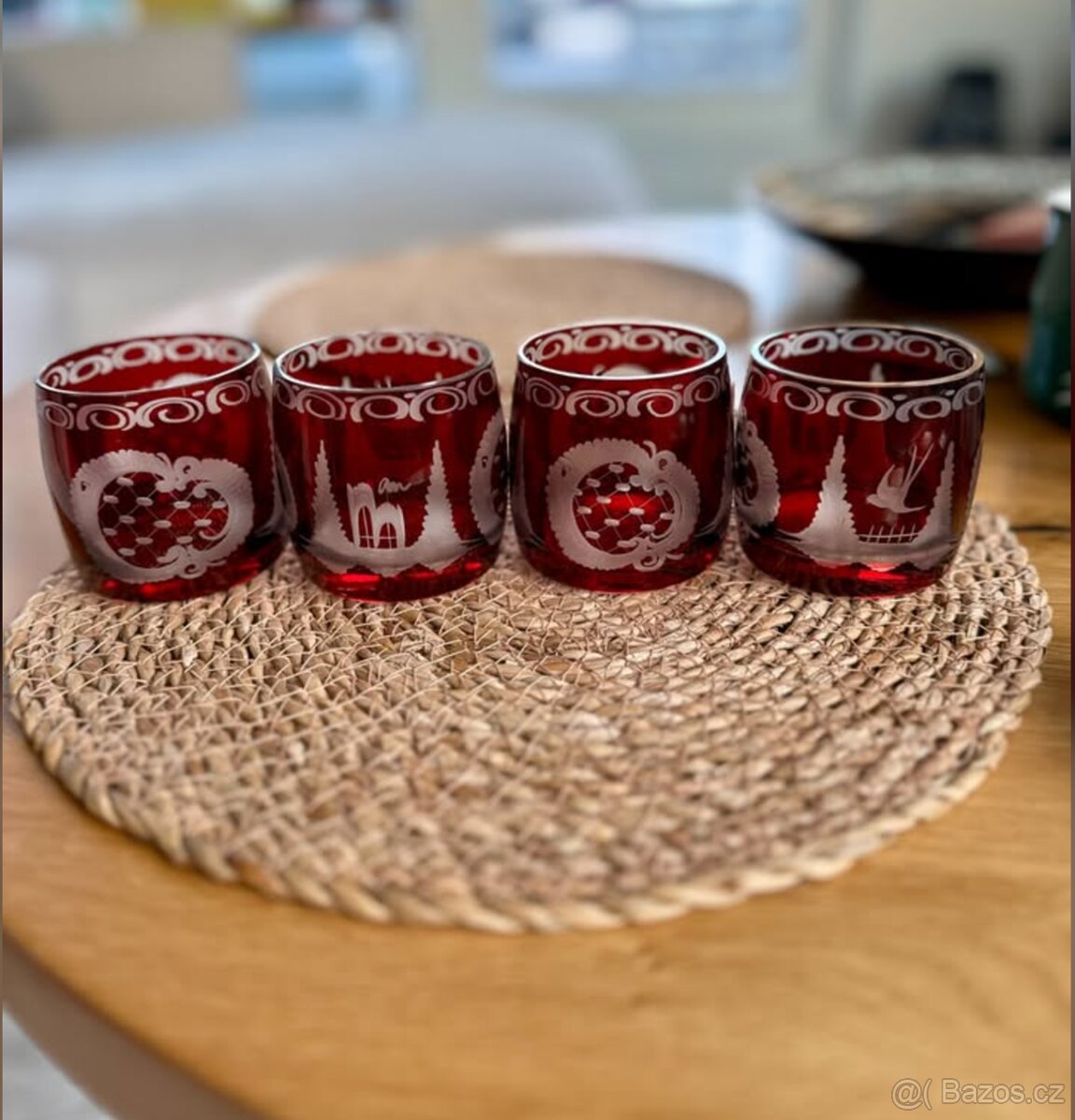 4x sklenice. Broušené rubínové sklo Egermann
